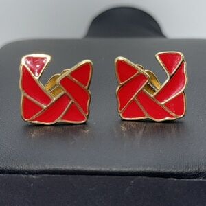 Vintage Trifari red enamel geometric bold preppy sophisticated clip on earring